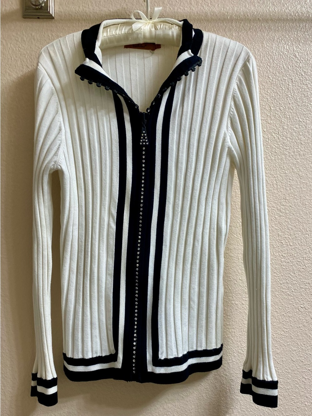 Women’s Ribbed Zip Cardigan Sweater - White with Black Trim